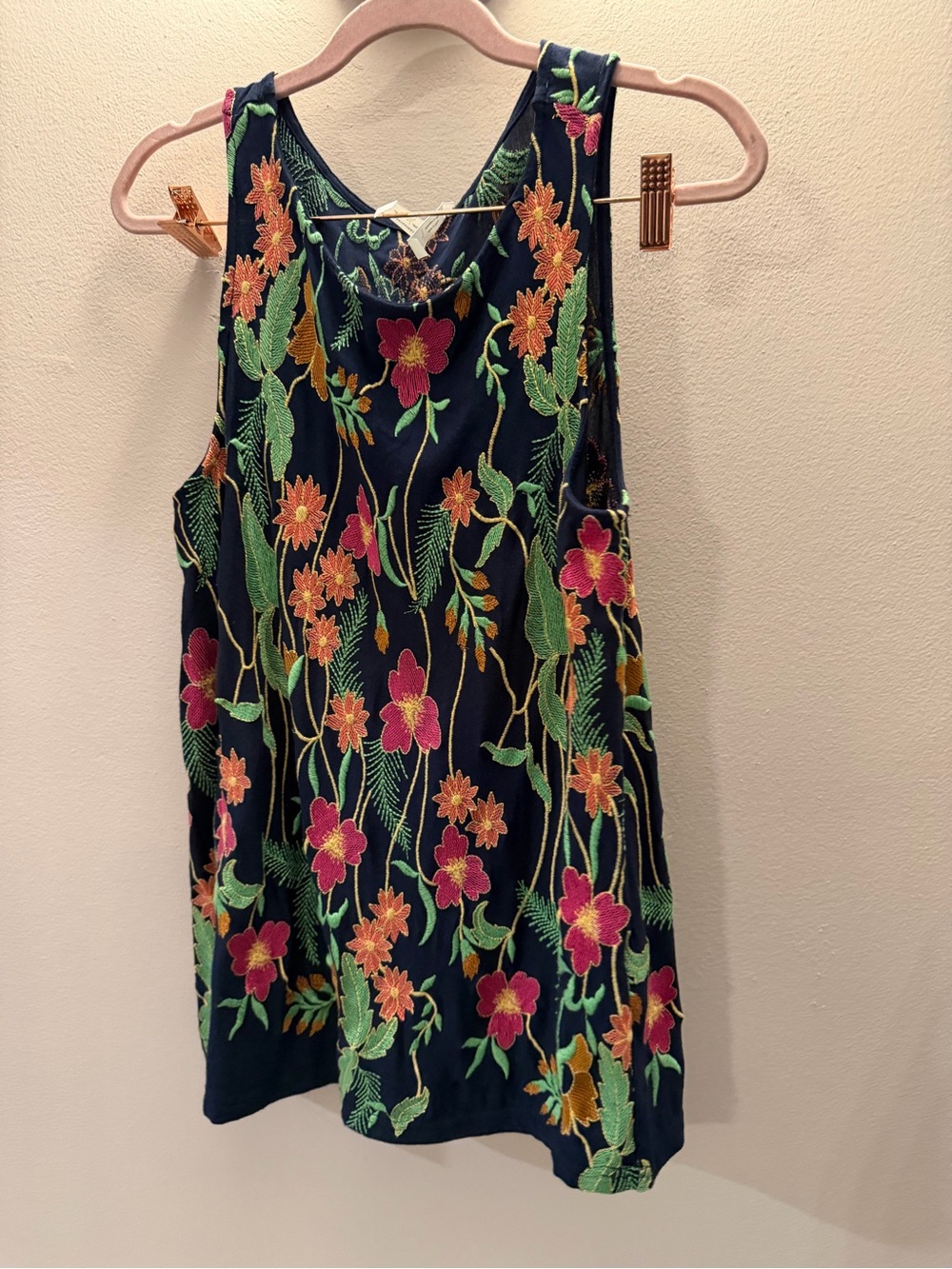 Anthropologie Meadow Rue Navy Floral Embroidered Tank Top S